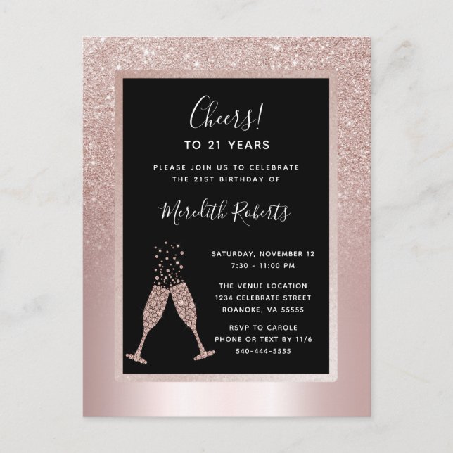Blush Glitter Champagne Toast 21st Birthday Party Invitation Postcard (Front)