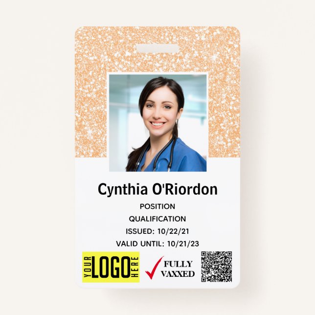 Blush Glitter Clinical Photo ID QR Barcode Badge (Front)