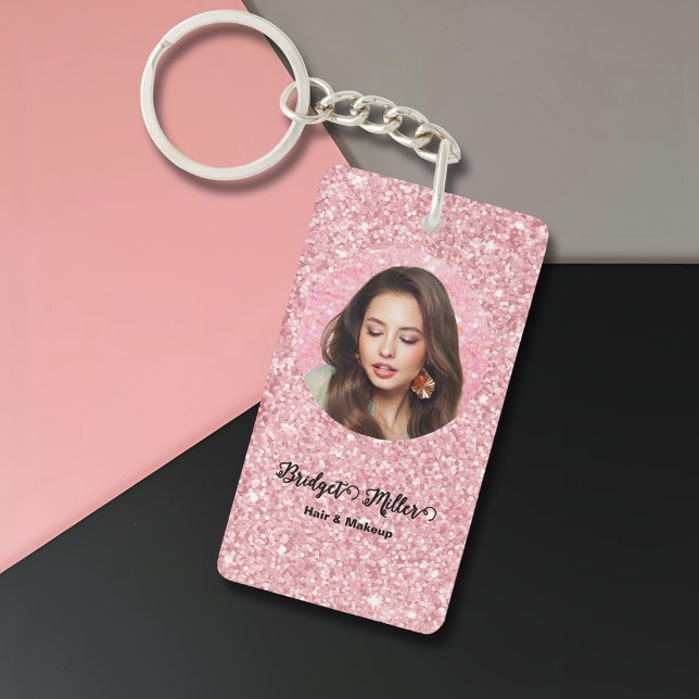 Blush Glitter hair salon elegant script photo Keychain (Creator Uploaded)