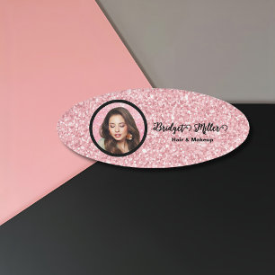 Blush Glitter hair salon elegant script photo Name Tag