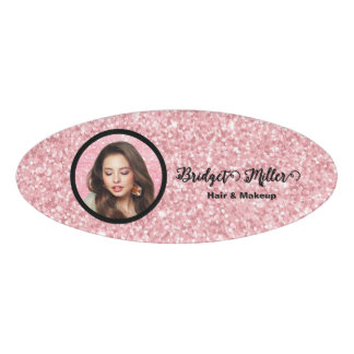 Blush Glitter hair salon elegant script photo Name Tag