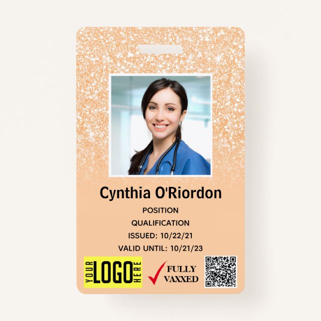 Blush Glitter Technician Photo ID QR Barcode Badge (Front)