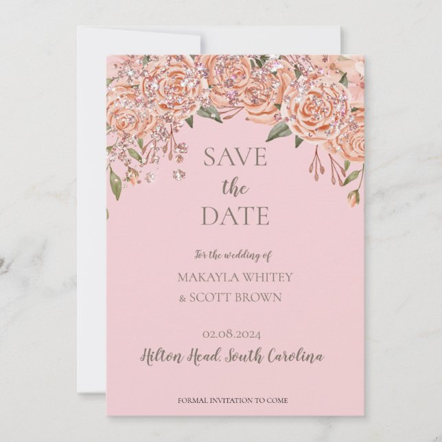 Blush Glittery Floral Save-the-Date Invitation  (Front)