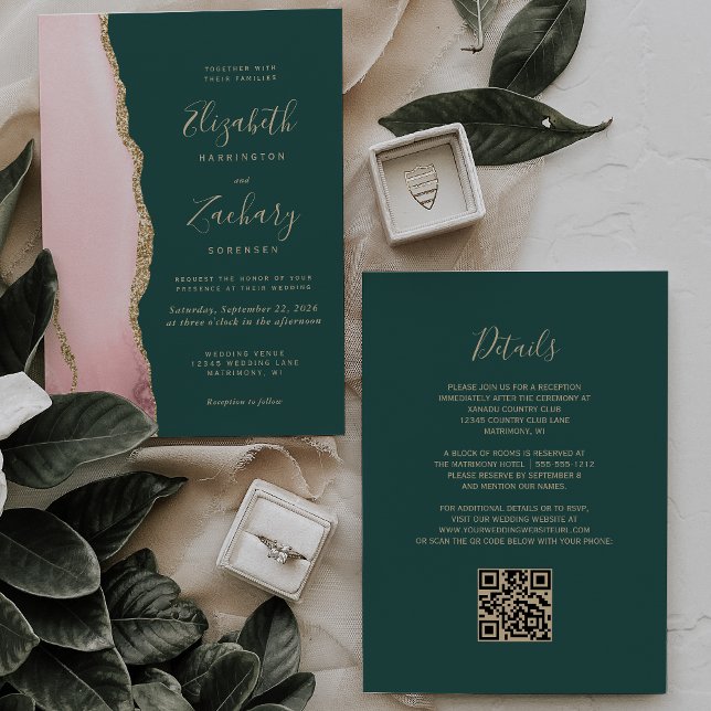 Blush Gold Agate Emerald Green QR Code Wedding Invitation (Creator Uploaded)