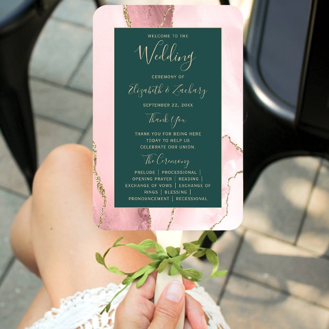 Blush Gold Agate Emerald Green Wedding Program Hand Fan (Creator Uploaded)