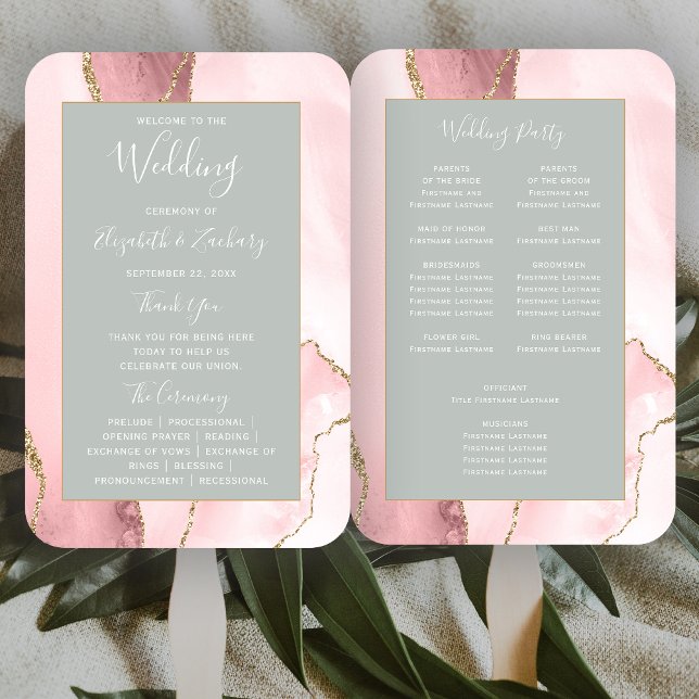 Blush Gold Agate Pale Sage Green Wedding Program Hand Fan (Creator Uploaded)