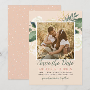 Blush Gold and Green Floral Wedding Photo Save The Date