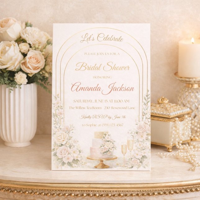 Blush Gold Arch Chic Invitation (Blush florals and gold arch lines set the tone for a refined bridal shower gathering)