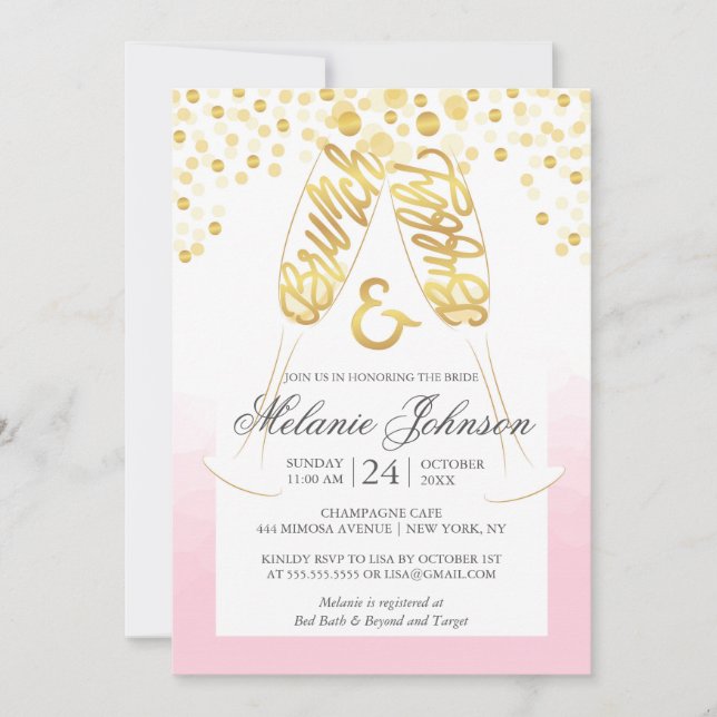 Blush Gold Bridal Brunch et Bubbly Invitation (Devant)