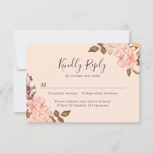 Blush Gold Brown Floral Fall Wedding RSVP Card (Front)