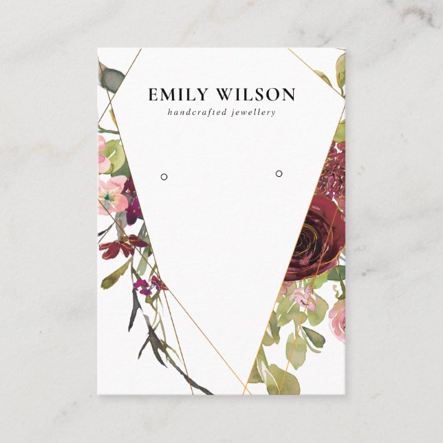 BLUSH GOLD BURGUNDY ROSE FLORAL EARRING DISPLAY BUSINESS CARD (Front)