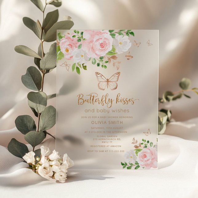 Blush gold Butterfly kisses baby shower Acrylic Invitations (Creator Uploaded)