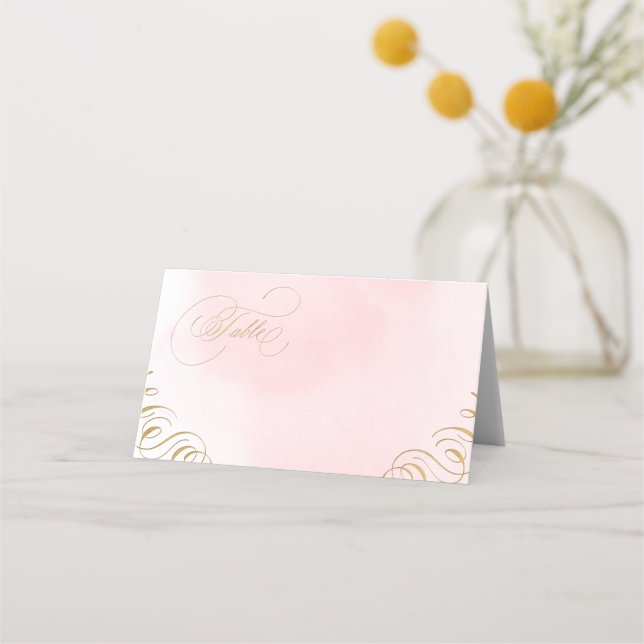 Blush gold calligraphy vintage wedding place cards (Front)