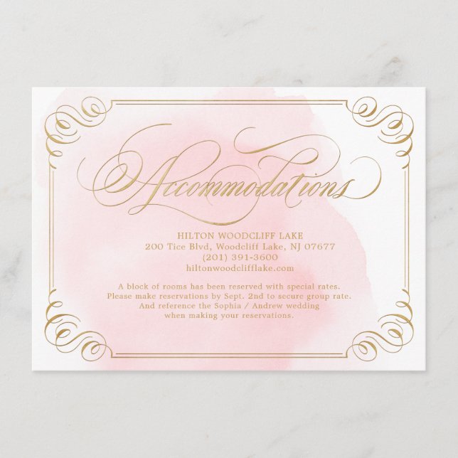 Blush gold elegant calligraphy accommodation enclosure card (Front)