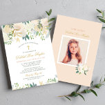 Blush Gold Floral Border First Communion Girl Invitation<br><div class="desc">A stunning First Holy Communion invitation for a girl adorned with a watercolor floral border of white roses, ranunculus, and greenery with gold leaf accents cascading across the top and bottom. A gold cross and elegant calligraphy in gold set a refined tone. The back features a soft peach background with...</div>