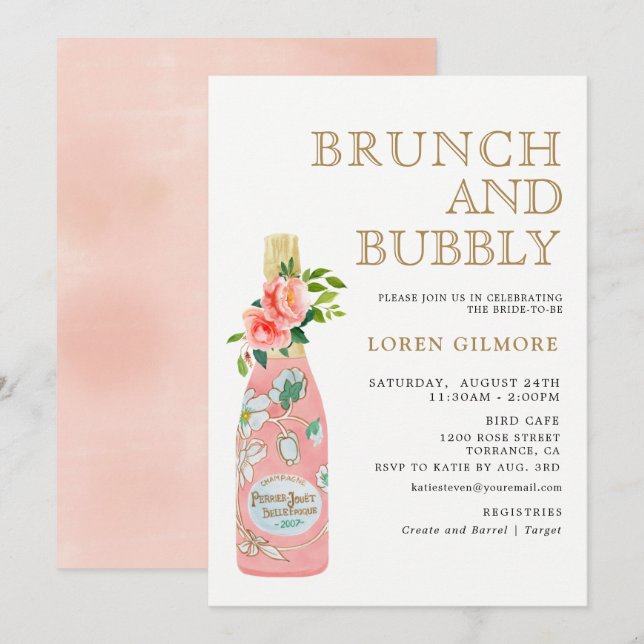 Blush Gold Floral Brunch and Bubbly Bridal Shower Invitation (Front/Back)