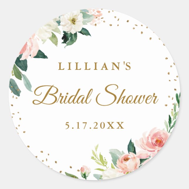 Blush Gold Floral Brunch And Bubbly Classic Round Sticker (Front)