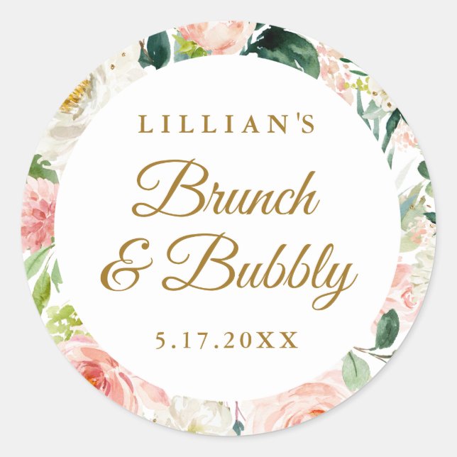 Blush Gold Floral Brunch And Bubbly Classic Round Sticker (Front)