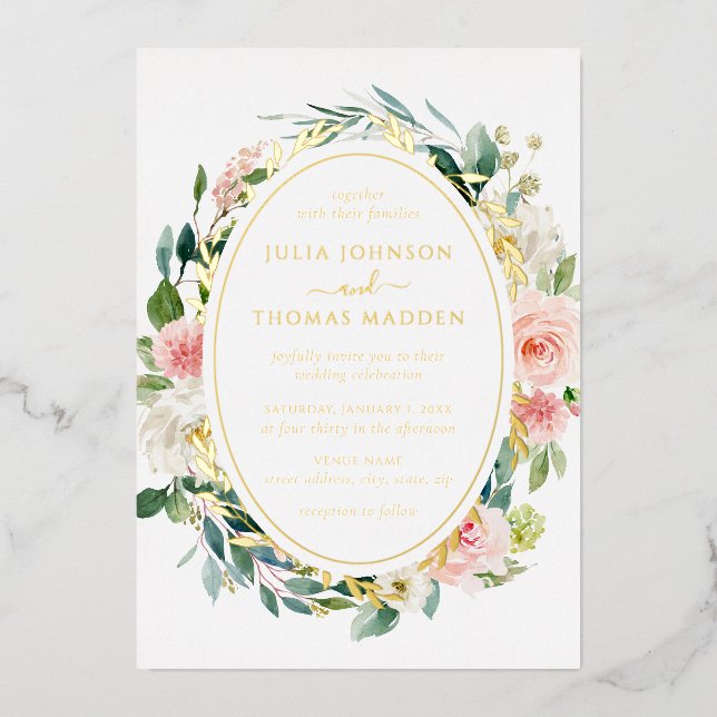 Blush Gold Floral Foliage Wedding (Front)