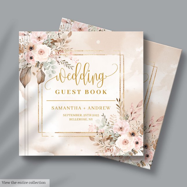 Blush Gold Floral Frame Mariage livre d'hôtes (Blush Ivory Gold Floral Frame Wedding Guest Book)