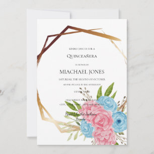 Blush Gold Floral Geometric Quinceanera Invitatio Invitation
