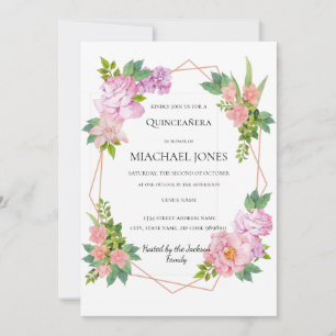 Blush Gold Floral Geometric Quinceanera Invitation