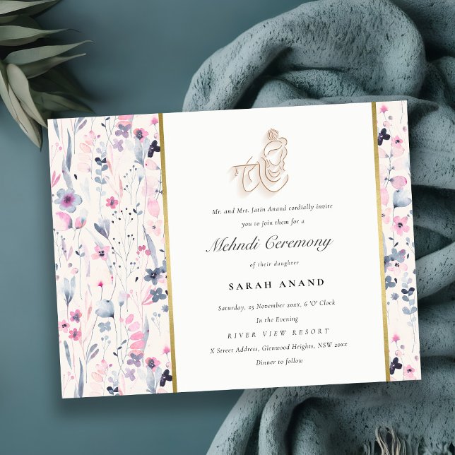 Blush Gold Floral Krishna Indian Wedding Mehndi Enclosure Card (Creator Uploaded)