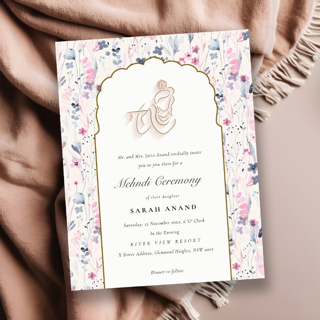 Blush Gold Floral Krishna Indian Wedding Mehndi Enclosure Card (Creator Uploaded)