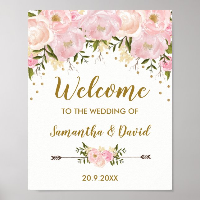 Blush Gold Floral Mariage Affiche de bienvenue chi (Devant)