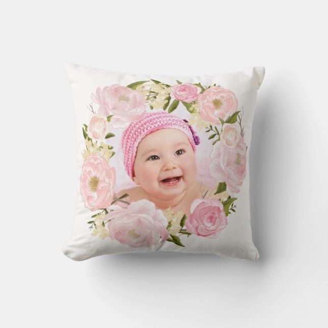Blush Gold Floral Monogram Custom Photo Nursery Throw Pillow (Front)