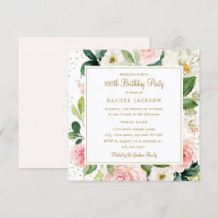 Blush Gold Floral Watercolor 100th Birthday Invite