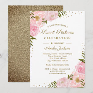 Blush Gold Floral Watercolor Sweet Sixteen Invite