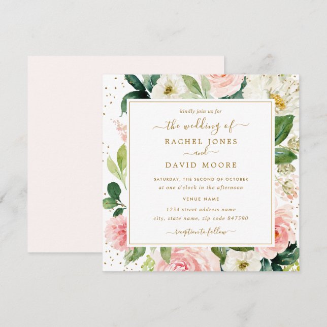 Blush Gold Floral Watercolor Wedding Invite (Front/Back)