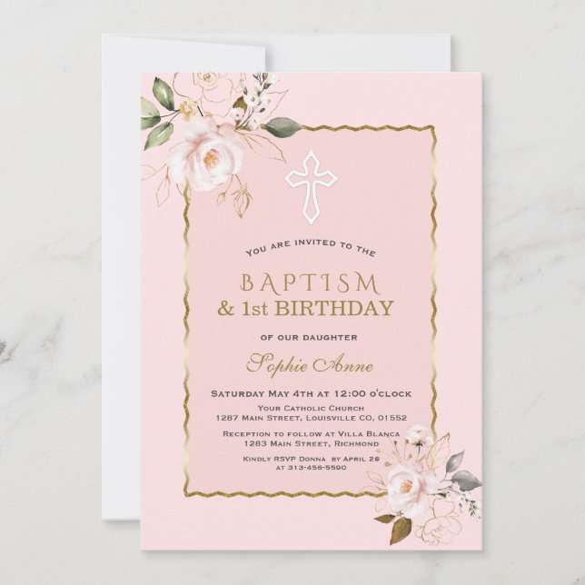 Blush Gold Flowers Girl 1st Birthday & Baptism Invitation (Front)