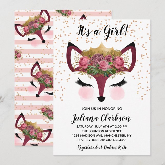 Blush & Gold Fox Princess Baby Shower Invitation (Front/Back)