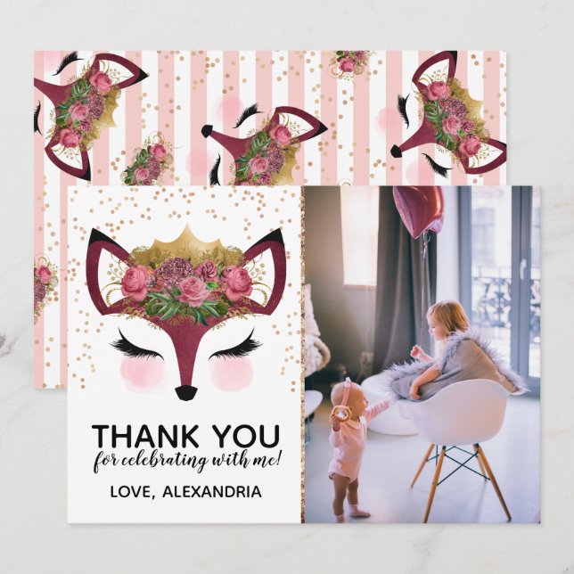 Blush & Gold Fox Princess Thank You Invitation (Front/Back)