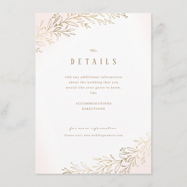 Blush gold gilded botanical wedding details enclosure card (Front)