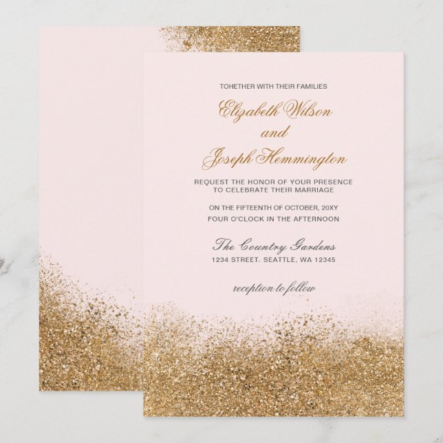 Blush Gold Glitter Sparkle Elegant Wedding Invitation (Front/Back)