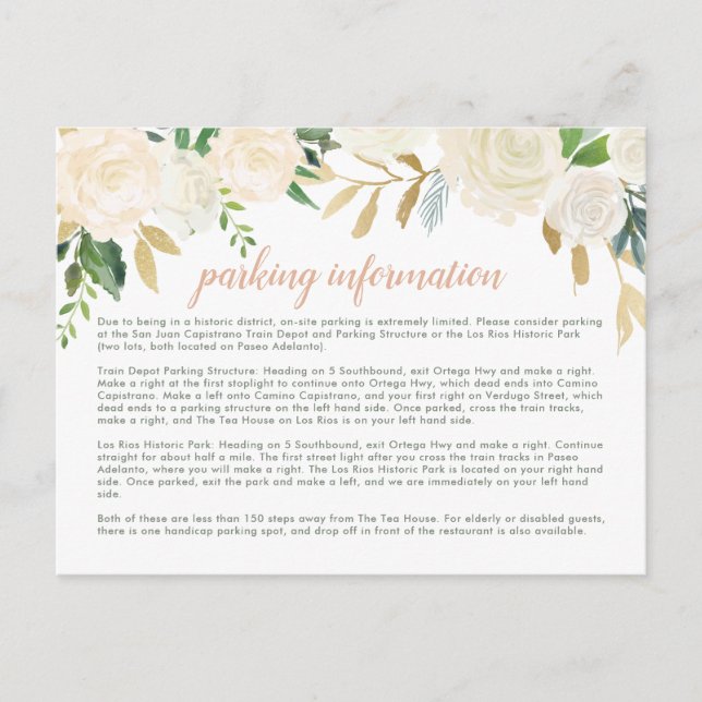 Blush Gold Green Floral Wedding Parking Informatio Postcard (Front)