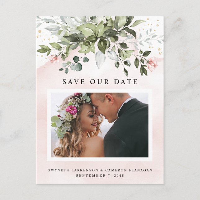 Blush Gold Greenery Dusty Blue Save the Date Photo Postcard (Front)