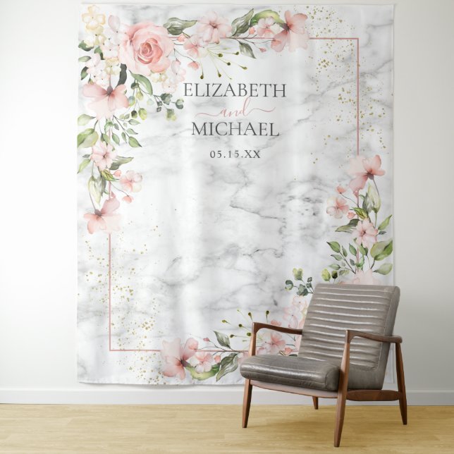 Blush Gold Greenery Dusty Pink Floral Wedding Tapestry (In Situ)