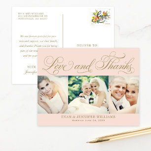 Blush Gold Love and Thanks Wedding Photo Postcard