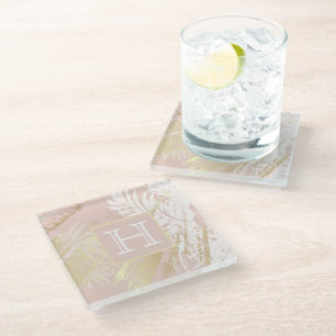 Blush gold palm tree leaves monogram glass coaster