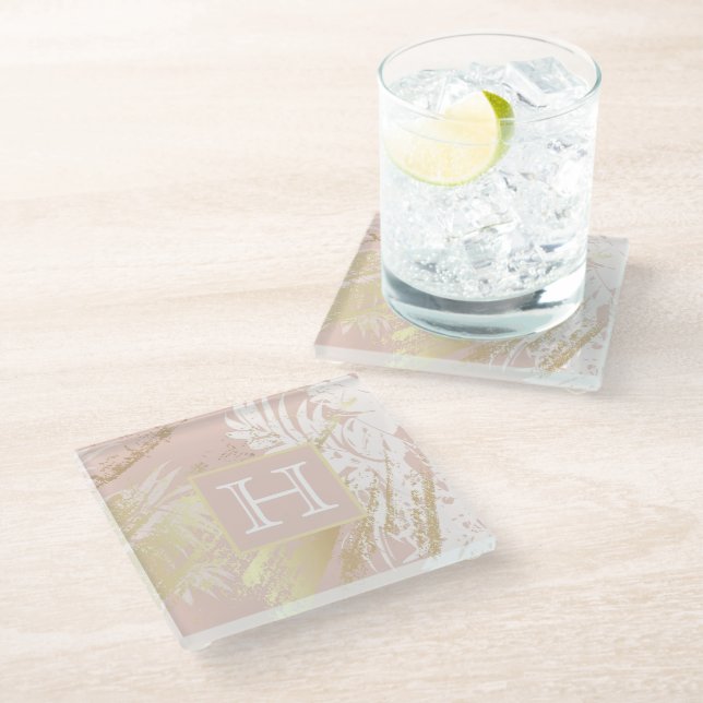 Blush gold palm tree leaves monogram glass coaster (Angled)