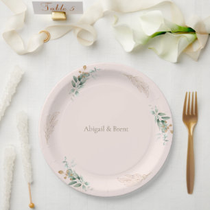 Blush & Gold Personalized Foliage Wedding Paper Plate