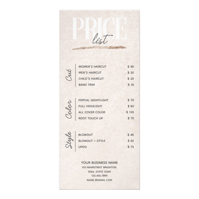 Blush Gold  Pink Beauty Salon Price List Rack Card (Front)