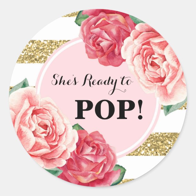 Blush Gold Pink Floral Baby Shower Ready to Pop Classic Round Sticker (Front)