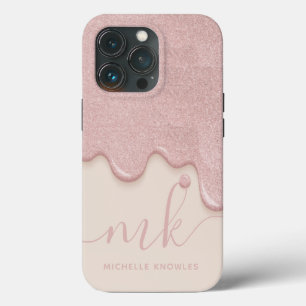 Blush Gold Rose Tan Glitter Drip Monogram and Name iPhone 13 Pro Case