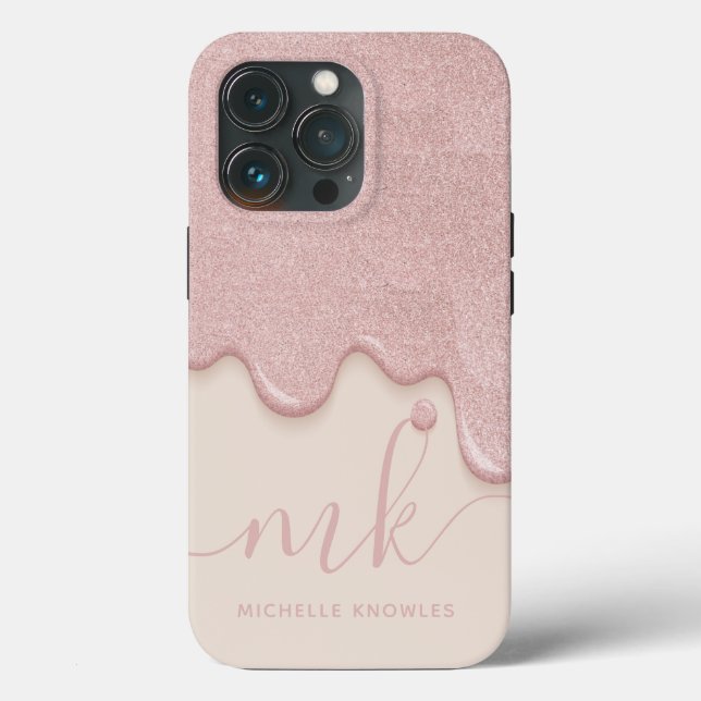 Blush Gold Rose Tan Glitter Drip Monogram and Name Case-Mate iPhone Case (Back)