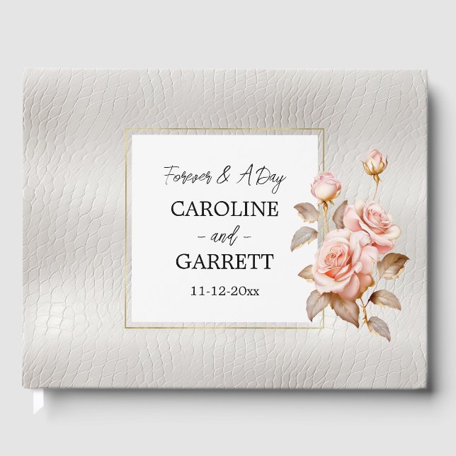 Blush Gold Roses White Faux Leather Wedding Guest Book (Front)
